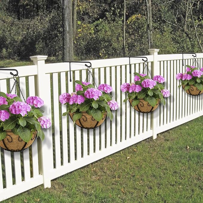 Vinyl Fence Hooks for Hanging, Heavy Duty Patio Hangers, Outdoor Fence Hangers for Hanging Flower Baskets, Wind Chimes, Planters, Bird Feeders, Lights, Lanterns - 2 Pack - Black Color