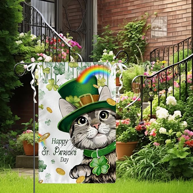 Happy St Patrick's Day Garden Flag Cat with Green Hat Shamrock Yard Flag Shamrock Clover Rainbow Burlap Garden Flags for Irish Spring Farmhouse Patrick Holiday Outdoor Double Sided 12x18 Inch