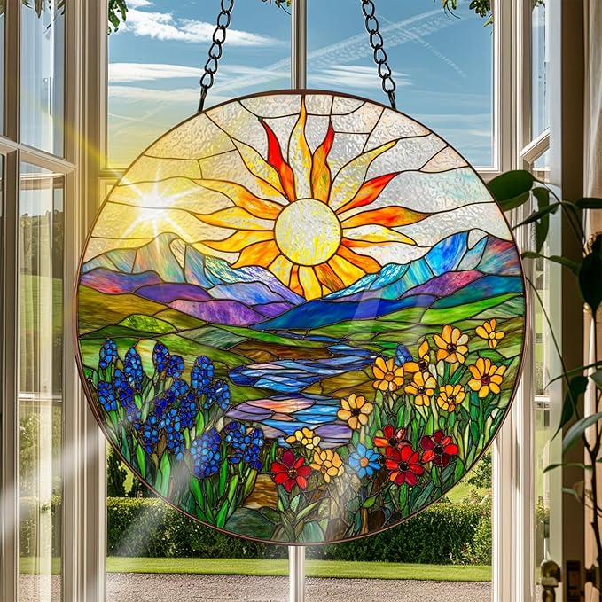 VAIIEYO Sun Sun Catcher Stained Glass Window Hanging Ornament, Handmade Sun Catcher Flower Landscape Decoration with Hooks for Window Garden Home, Birthday Housewarming Gift 7.8 inch