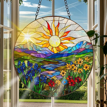 VAIIEYO Sun Sun Catcher Stained Glass Window Hanging Ornament, Handmade Sun Catcher Flower Landscape Decoration with Hooks for Window Garden Home, Birthday Housewarming Gift 7.8 inch
