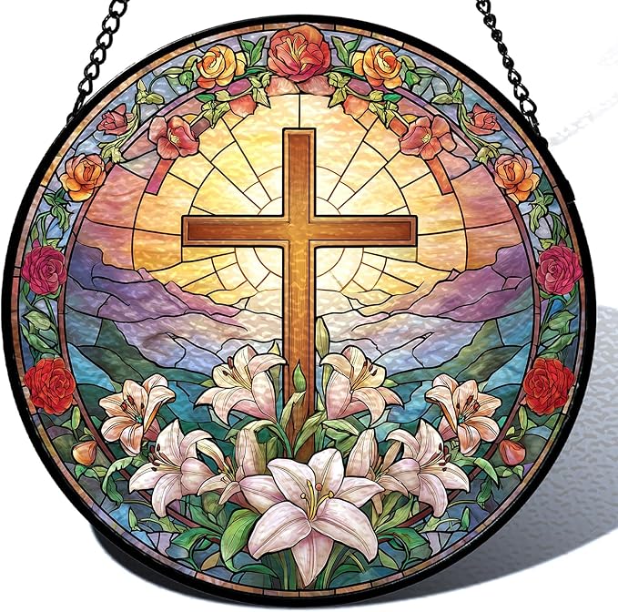 Stained Glass Sun Catcher Window Hanging - Jesus Easter Lily Flower Design, Well Made Indoor Home Decor | Perfect Christian Gifts for Mother's Day, Birthday, Christmas for Women, Mom (Sun) 7.8in