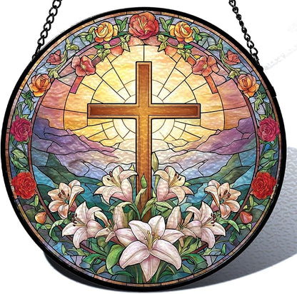 Stained Glass Sun Catcher Window Hanging - Jesus Easter Lily Flower Design, Well Made Indoor Home Decor | Perfect Christian Gifts for Mother's Day, Birthday, Christmas for Women, Mom (Sun) 7.8in