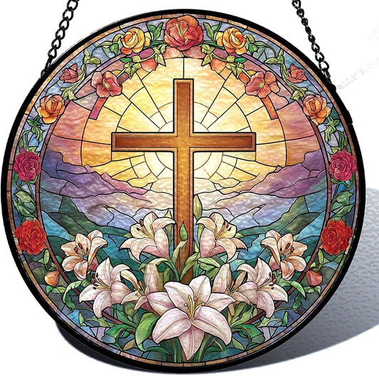 Stained Glass Sun Catcher Window Hanging - Jesus Easter Lily Flower Design, Well Made Indoor Home Decor | Perfect Christian Gifts for Mother's Day, Birthday, Christmas for Women, Mom (Sun) 7.8in