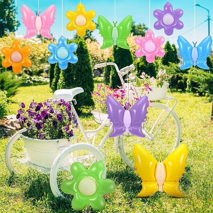 Realspring 12 Pcs 12 Inch Spring Inflatable Outdoor Decorations Butterfly Flowers Inflatable Hanging Ornament Large PVC Spring Butterfly Flowers Blow up Yard Party Indoor Outdoor Decor