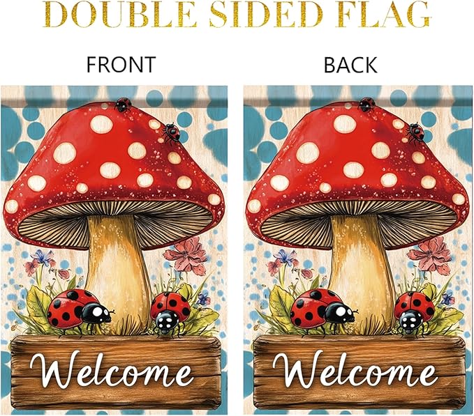 Spring Summer Garden Flag 12x18 Inch Mushroom Ladybug Welcome Woodland Floral Design Outdoor Yard Porch Lawn Garden for Seasonal Farmhouse Cottage Home Decor