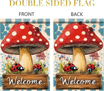 Spring Summer Garden Flag 12x18 Inch Mushroom Ladybug Welcome Woodland Floral Design Outdoor Yard Porch Lawn Garden for Seasonal Farmhouse Cottage Home Decor