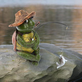 9.5" Turtle Fishing Statues- Whimsical Stone Look Lawn Yard Art, Funny Garden Pond Fisherman Sculpture, Resin Animal Decor, Ideal for Garden Enthusiasts & Turtle Fishing Lovers