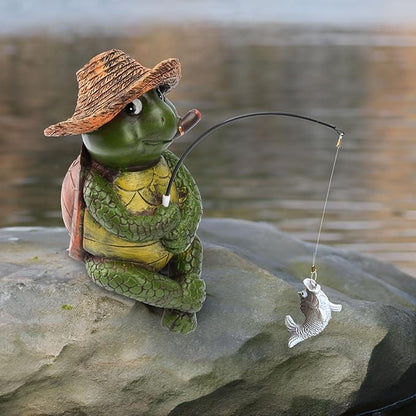 9.5" Turtle Fishing Statues- Whimsical Stone Look Lawn Yard Art, Funny Garden Pond Fisherman Sculpture, Resin Animal Decor, Ideal for Garden Enthusiasts & Turtle Fishing Lovers