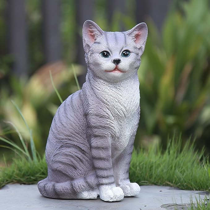 Outdoor cat Sculpture Garden Cat Statue, Gray Resin, 10.8 x 7 x 4.7 inches, Grey Kitten Statue Courtyard, Lawn, Yard Decoration, Cute Kitten Gift