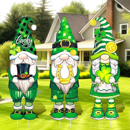 Umigy 3 Pcs St. Patrick's Day Yard Signs Shamrock Gnome Outdoor Decor with Stakes 32 x 10 Inch St. Patrick's Day Lawn Garden Decorations for Home Pathway Walkway
