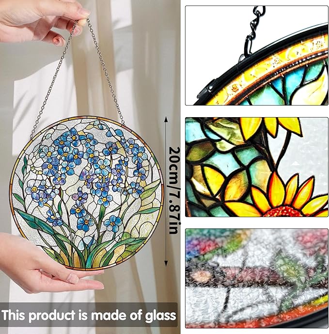 Bimkole Forget-Me-Not Stained Glass Suncatcher Window Hanging - Plants Indoor Window or Doorway Decoration - Handmade Sun Catcher Decor for Garden Home Christmas & Birthday Gifts 7.87x7.87 Inch