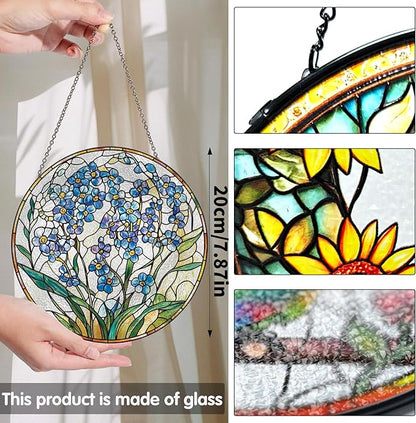 Bimkole Forget-Me-Not Stained Glass Suncatcher Window Hanging - Plants Indoor Window or Doorway Decoration - Handmade Sun Catcher Decor for Garden Home Christmas & Birthday Gifts 7.87x7.87 Inch