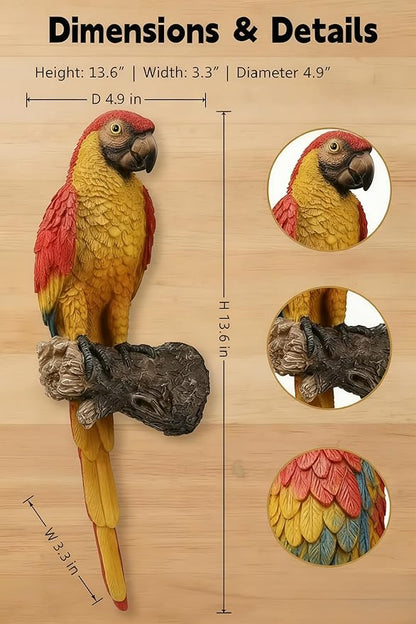Tropical Parrot Statues Hanging Decor,13.6''(H) Wall Decor Parrot Sculpture for Home Porch Patio Door,Resin Scarlet Macaw Statue Outdoor Garden Yard Tree Art Ornaments