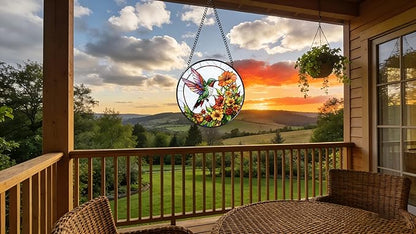 Stained Glass Window Hanging - Hummingbirds are Collecting Nectar 6.3 Inches Suncatcher for Garden Home Decor for Women Mon Grandma Friends
