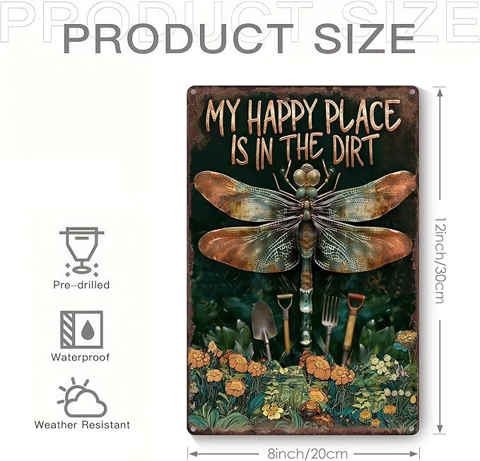 Garden Signs for Outside My Happy Place is in The Dirt, Funny Metal Signs for Home Garden Patio Yard, Retro Gardening Gifts for Women, Wall Decor 12" x 8"