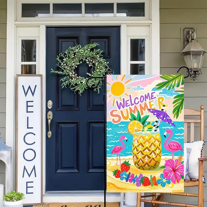 BlissYard Welcome Summer Garden Flag 12x18 Double Sided Flamingo Sunshine Hawaii Tropical Beach Holiday Garden Flags Welcome Summer Tropical Ocean Sea Yard Flag for Seasonal Outdoor Party Decoration