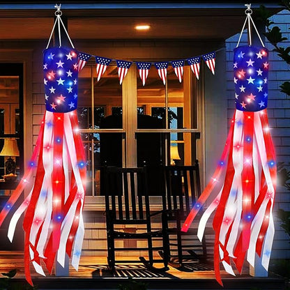 250th Anniversary USA, 2 Pack 40 Inch American Flag Windsock with Lights Red White Blue Star Stripes Patriotic Windsock Hanging 4th of July Decorations Memorial Day Independence Day Fourth of July