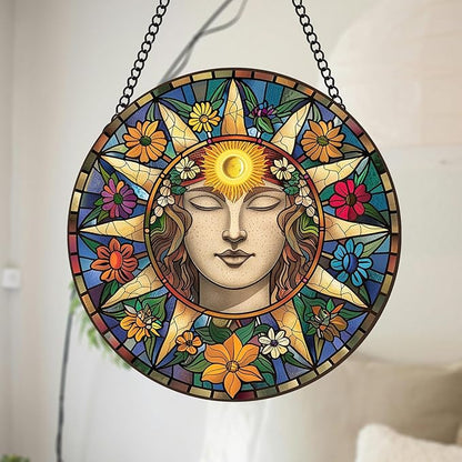 Stained Glass Window Hanging Sun Suncatcher 8 Inch, Indoor Outdoor Wall Art Home Decor, Sun Catchers, Birthday for Women Men