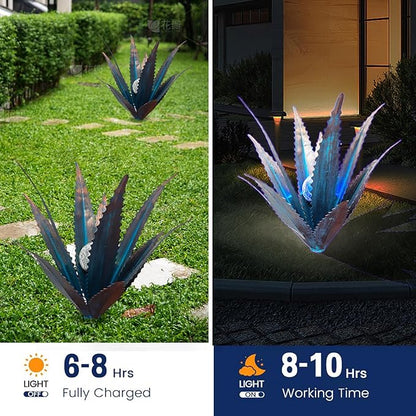 2 PCS Metal Agave Sculpture Decoration, Vintage Country Hand-Painted Sculpture DIY Metal Agave Plant, Home Garden Courtyard Lawn Outdoor Decoration (Serrated Blue)