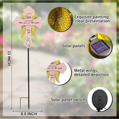 Solar Cross Lights with Angel Wings, Pink and Gold Memorial Grave Decorations, When You See This Light Remember I Love You Sentiment, Cemetery Tombstone Garden Stake with Ground Stake