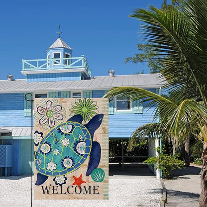 Dyrenson Home Decorative Welcome Quote Outdoor Turtle Beach Garden Flag Double Sided, Tropical Ocean House Yard Flag, Rustic Coastal Garden Yard Nautical Sea Decorations, Seasonal Outdoor Flag 12 x 18