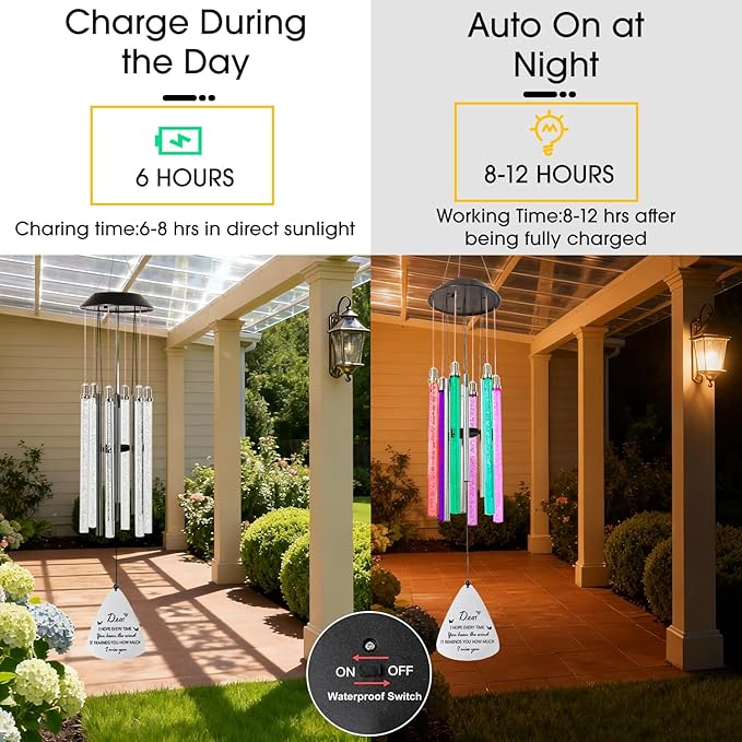 Solar Wind Chimes for Outside, 6 LED Color Changing Tubes - Unique Outdoor Garden Decor, Colorful Patio Ambient Light, for Her/Him, White Elephant Gifts for Adults