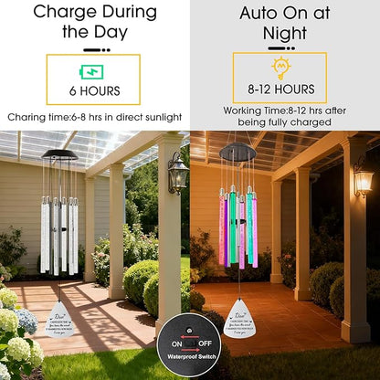 Solar Wind Chimes for Outside, 6 LED Color Changing Tubes - Unique Outdoor Garden Decor, Colorful Patio Ambient Light, for Her/Him, White Elephant Gifts for Adults