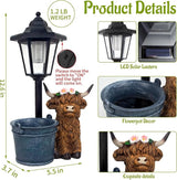 Solar Highland Cow Outdoor Statue, Garden Decor with Flowerpot & Lantern Highland Cow Figurines for Yard Art Lawn Ornaments Porch Patio Balcony - Gifts for Women Mom