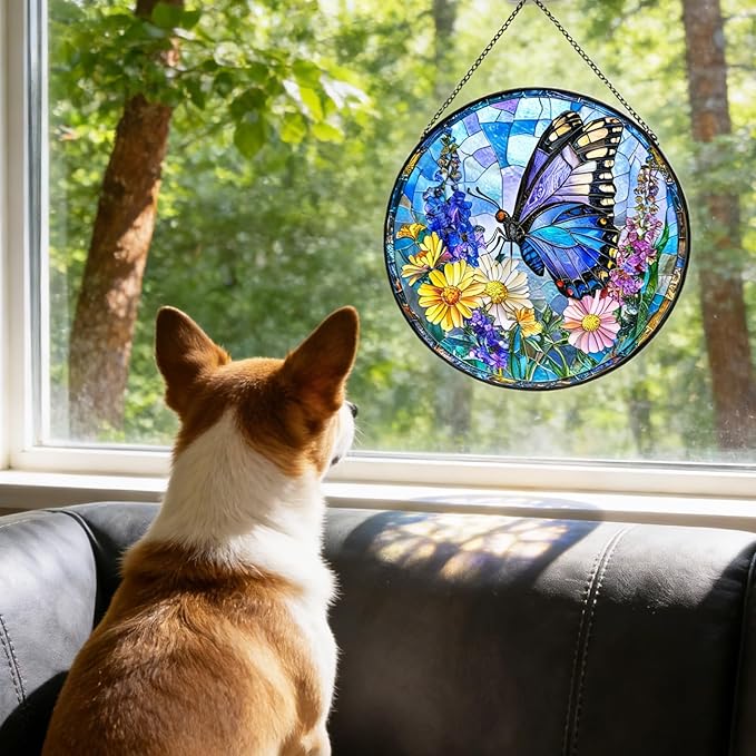 7.87" Sun Catchers Indoor Window,Butterfly Stained Glass Window Hanging, Window Suncatcher Hanging Ornaments Wall Art, Hand-Painted Glass Panel Home Decor (Style R)