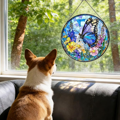 7.87" Sun Catchers Indoor Window,Butterfly Stained Glass Window Hanging, Window Suncatcher Hanging Ornaments Wall Art, Hand-Painted Glass Panel Home Decor (Style R)