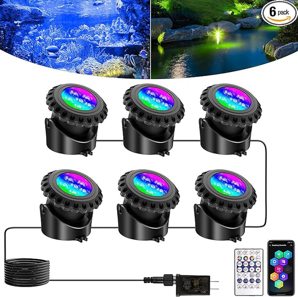 T-SUN LED Pond Lights Underwater, Color Changing Submersible Fountain Lights with APP Control, Waterproof Spotlight with 16 Million Colors, Timing, Music Sync (RGB, 6-Head)