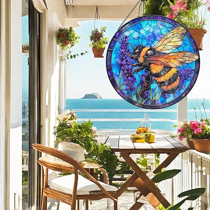 Bee Lavender Handmade Stained Glass Window Hanging Suncatcher,Sun Catchers Diamond Glass Panel Hangings Insect Suncatcher Decor for Home Garden, Wedding, Mother's, Valentine's