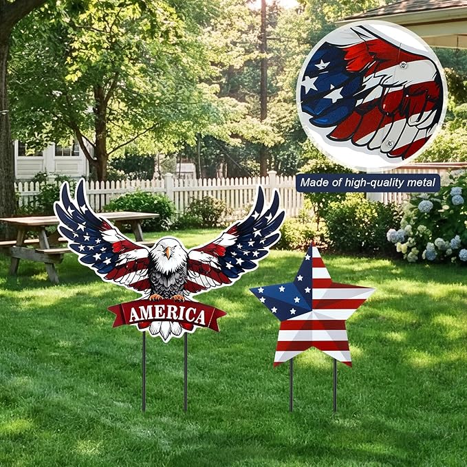 Silkfly 2pcs 4th of July Metal Decorations for Outdoor Patriotic Memorial Day Garden Yard Sign 250th Eagle Metal Blue Red Star Art Decor Outside Americana Garden Stake for Lawn Independence Day Gifts