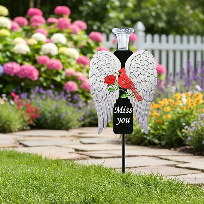 20-Inch Solar Angel Wings Memorial Stake with Red Cardinal - Metal Cemetery Decorations for Grave - Weatherproof Sympathy Gift for Loss of Loved One(Angel Wings)