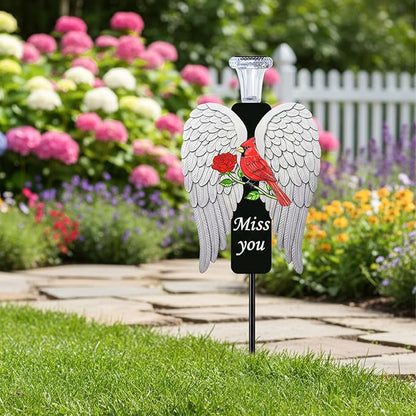 20-Inch Solar Angel Wings Memorial Stake with Red Cardinal - Metal Cemetery Decorations for Grave - Weatherproof Sympathy Gift for Loss of Loved One(Angel Wings)