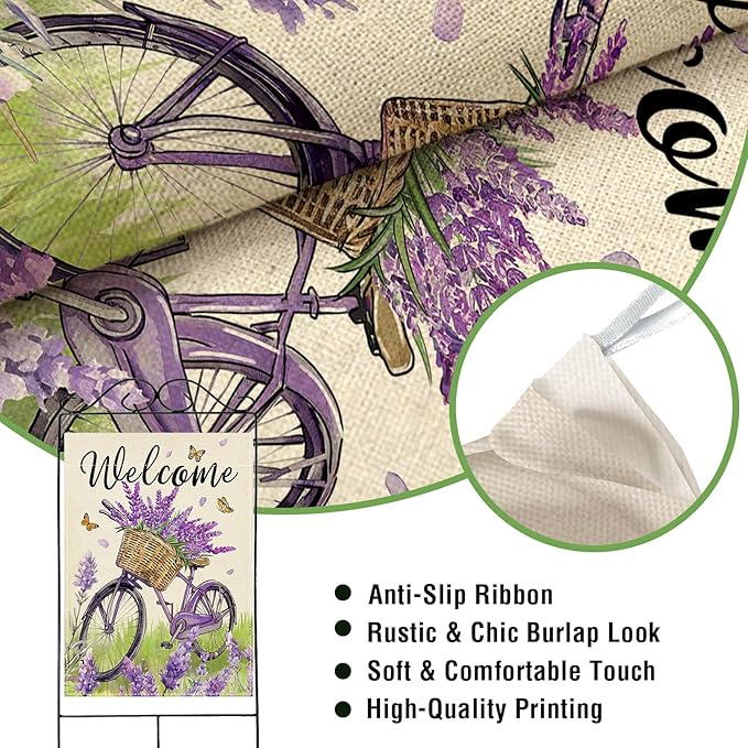 Artofy Welcome Spring Summer Bike Large Decorative House Flag, Bicycle Lavender Flower Floral Yard Garden Outside Decor, Seasonal Butterfly Burlap Outdoor Home Decoration Double Sided 28 x 40