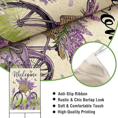 Artofy Welcome Spring Summer Bike Large Decorative House Flag, Bicycle Lavender Flower Floral Yard Garden Outside Decor, Seasonal Butterfly Burlap Outdoor Home Decoration Double Sided 28 x 40