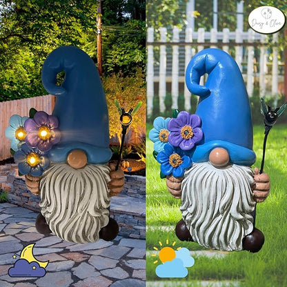 Daisy & Olive Garden Gnome | Large Solar Powered Garden Gnome Statue | Flower & Bee Lights Up | Auto On-Off | Garden Gnome for Yard | Unique Housewarming Gifts