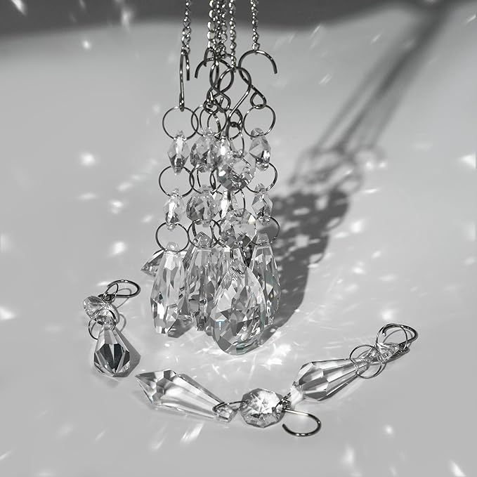 24pcs Crystal Sun Catcher, 38mm+15mm Hanging Clear Teardrops Crystals Chandelier Parts Prisms Pendants with Hook for Windows Lamps and Lanterns Party Decorations Home Decor (Clear Eardrop & Icicle)