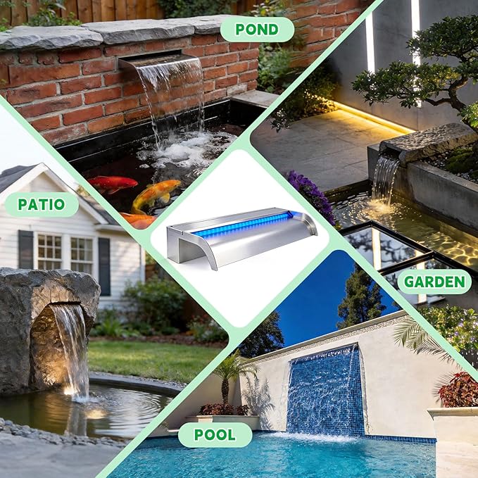 with lid Waterfall Pool Fountain, LONGRUN Stainless Steel Waterfall Spillway for Pools and Ponds - 23.6" Wide Decorative Water Feature for Swimming Pools, Koi Ponds and Garden