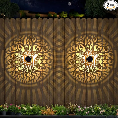 2 Pack Large Solar Fence Lights Metal Solar Powered Outdoor Wall Deck Step Lights Tree Theme Waterproof Fence Light for Garden Post Patio Backyard Yard Decor, Gardening Gifts for Women Mom Grandma
