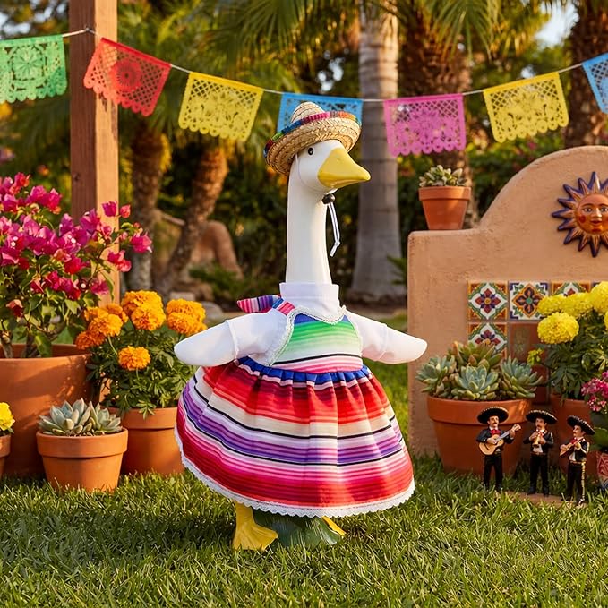 Watayo 2 Pcs/Set Mexican Porch Goose Outfits, Lawn Goose Clothing Costume for Cinco De Mayo, Garden Goose Clothes Striped Dress Mexican Sombrero for 23" High Statue Outdoor Patio Yard Decor (B Style)