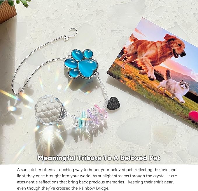 Dog Memorial Gifts for Loss of Dog, Pet Memorial Gifts for Dogs, Thoughtful Bereavement Remembrance Crystal Suncatcher with Sympathy Card (Lake Blue)