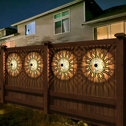 gardencave 4 Pack Solar Fence Lights Metal Solar Powered Outdoor Wall Deck Lights Sun Moon Theme Waterproof Fence Light for Garden Post Patio Backyard Yard Decor (Face, 4 Pack)