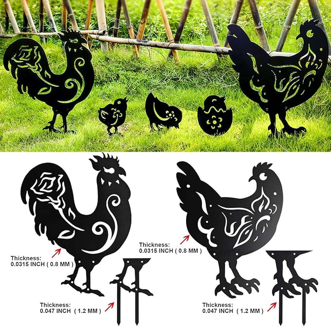 Chicken Metal Yard Art Animals Stakes,5PCS Outdoor Large Black Chickens Family Silhouette Country Garden Sculpture Set,Rooster Mother Hen and Chicks