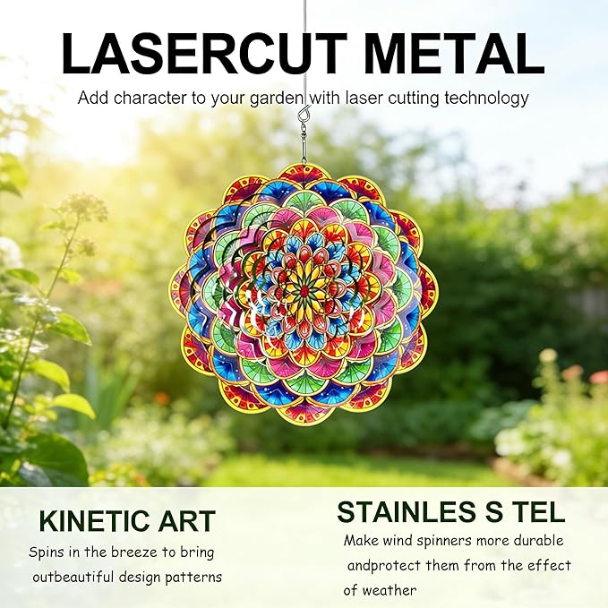 Floral Metal Wind Spinner Outdoors 12 Inch 3D Hanging Wind Spinner for Outdoor & Indoor Decor, Garden Yard & Porch Ornament, Unique Kinetic Sculpture Gift for Women - Christmas Thanksgiving Decoration