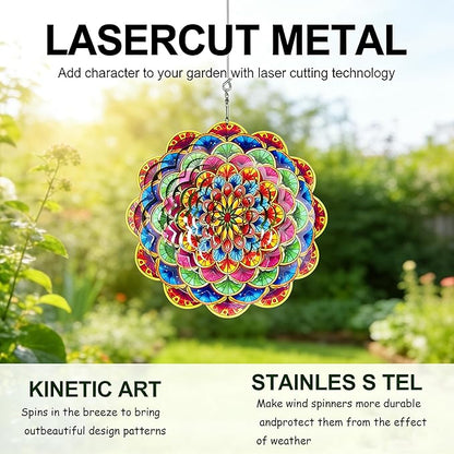 Floral Metal Wind Spinner Outdoors 12 Inch 3D Hanging Wind Spinner for Outdoor & Indoor Decor, Garden Yard & Porch Ornament, Unique Kinetic Sculpture Gift for Women - Christmas Thanksgiving Decoration