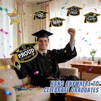 13Pcs Graduation Yard Signs Class of 2026 Large Congrats Grad Sign with Stakes & String Hanging Graduation Decorations for Indoor Outdoor Yard Lawn Porch School (Gold)