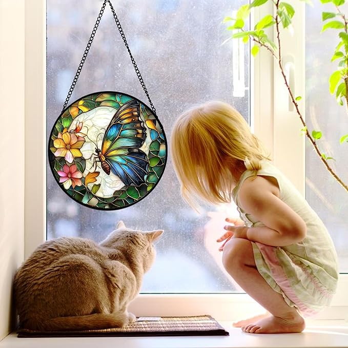 DASTOLL Stained Glass Window Hanging, Butterfly Flower Sun Catchers Diamond Glass Panel Hangings Insect Suncatcher Decor for Birthday for Women, Men, Wife, Aunt, and Mom 9.8 in