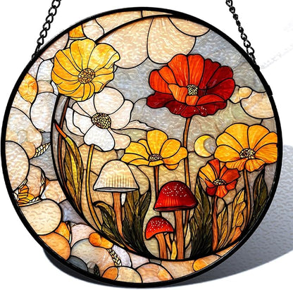 Stained Glass Sun Catcher Window Hanging - Mushroom Flower Plant Design, Well Made Indoor Home Decor for Mother's Day, Birthday, Christmas - Ideal for Women, Mom (Yellow) 7.8in